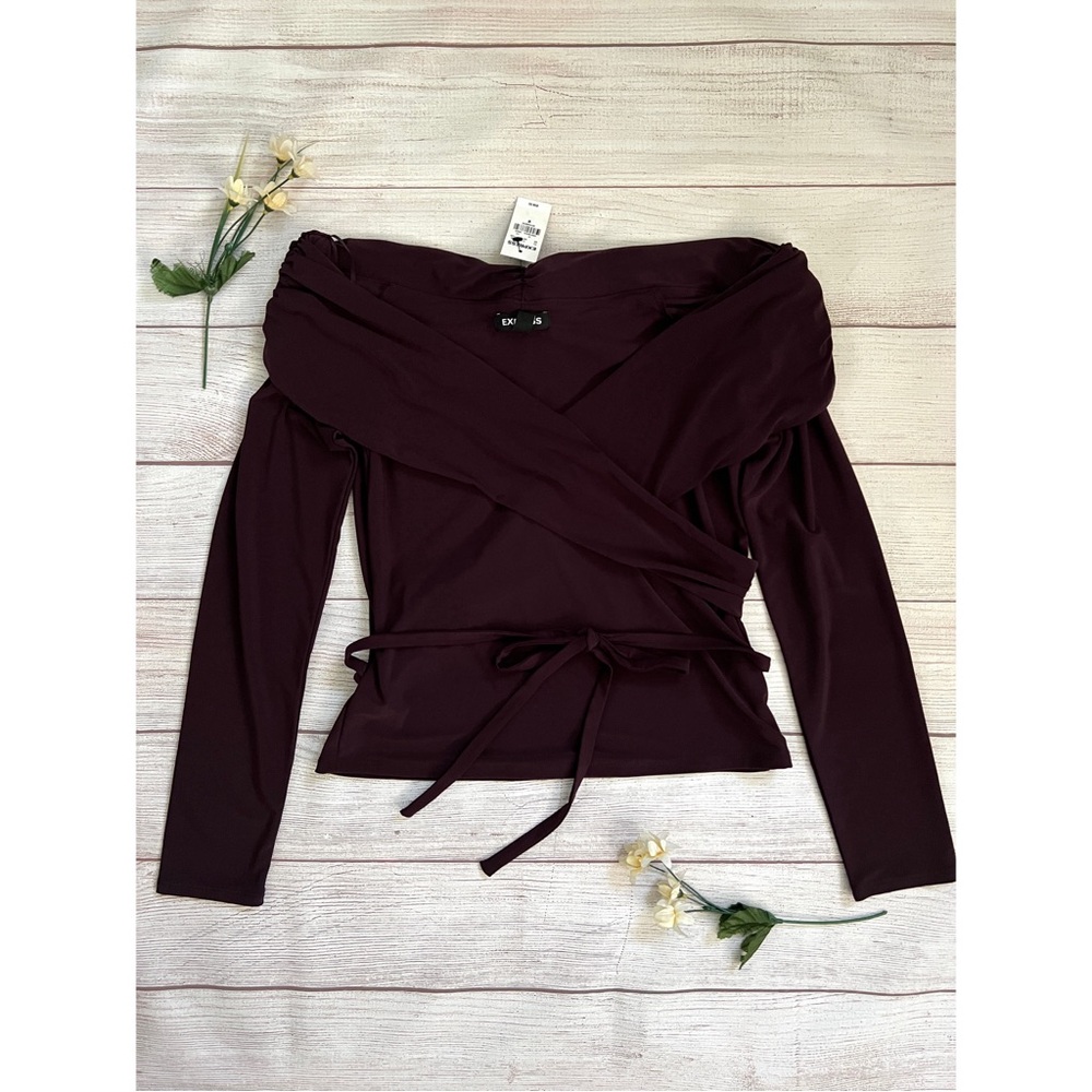 EXPRESS Off The Shoulder Long Sleeve Wrap Top - Picture 14 of 15